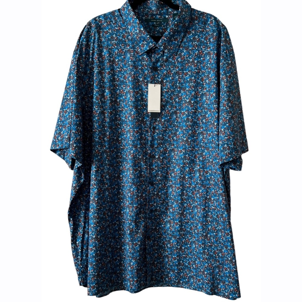 Sold ** Perry Ellis Stretch Blue Multicolor Print Short Sleeve Button Up Shirt